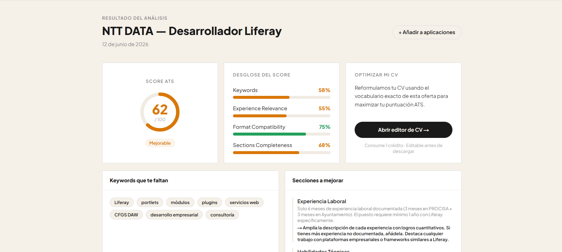 Análisis ATS antes de optimizar: score 62, keywords que faltan y secciones a mejorar